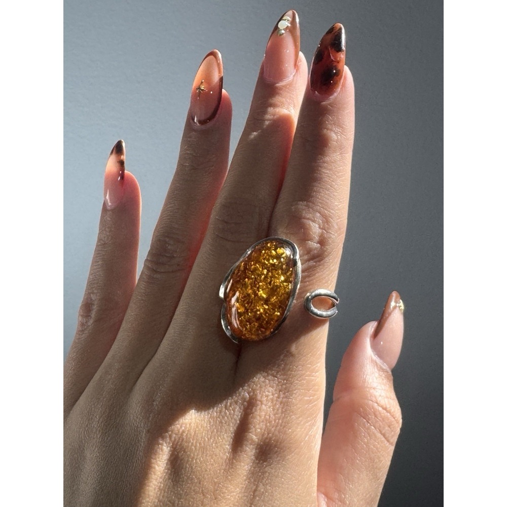 Vintage 925 Sterling Silver & Baltic‎ Amber Ring Sz 8 ADJUSTABLE